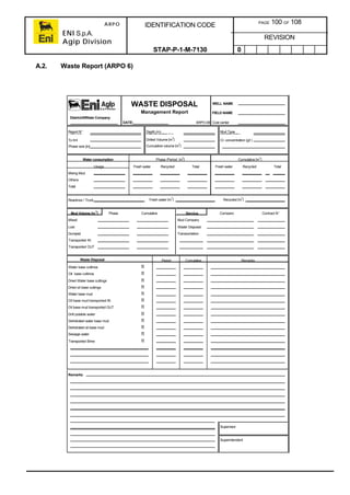 ARPO
ENI S.p.A.
Agip Division
IDENTIFICATION CODE PAGE 100 OF 108
REVISION
STAP-P-1-M-7130 0
A.2. Waste Report (ARPO 6)
WELL NAME
FIELD NAME
District/Affiliate Company
DATE: ARPO-06 Cost center
Report N° Depth (m) Mud TypeFrom [m] Interval Drilled (m) Density (kg/l)
To [m] Drilled Volume [m
3
] Cl- concentration (g/l )
Phase size [in] Cumulative volume [m
3
]
Water consumption Phase /Period [m
3
] Cumulative [m
3
]
Usage Fresh water Recycled Total Fresh water Recycled Total
Mixing Mud
Others
Total
Readings / Truck Fresh water [m
3
] Recycled [m
3
]
Mud Volume [m
3
] Phase Cumulative Service Company Contract N°
Mixed Mud Company
Lost Waste Disposal
Dumped Transportation
Transported IN
Transported OUT
Waste Disposal Period Cumulative Remarks
Water base cuttings [t]
Oil base cuttings [t]
Dried Water base cuttings [t]
Dried oil base cuttings [t]
Water base mud [t]
Oil base mud transported IN [t]
Oil base mud transported OUT [t]
Drill potable water [t]
Dehidrated water base mud [t]
Dehidrated oil base mud [t]
Sewage water [t]
Transported Brine [t]
Remarks
Supervisor
Superintendent
WASTE DISPOSAL
Management Report
 