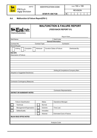 ARPO
ENI S.p.A.
Agip Division
IDENTIFICATION CODE PAGE 102 OF 108
REVISION
STAP-P-1-M-7130 0
A.4. Malfunction & Failure Report(FB-1)
MALFUNCTION & FAILURE REPORT
(FEED BACK REPORT 01)
Report Date:
Well Name: Well Code:
General Information
Contract No: Contract Type: Contractor:
Service/Supply:
Drilling Completio
n
Workover Duration Dates of Failure: Distributed By:
RIG SITE
Description of Failure:
Drilling & Completions Company Man:
Adopted or Suggested Solution(s):
Contractor Contingency Measures:
Contractor Representative:
DISTRICT OR SUBSIDIARY NOTES:
Failure Classification Status Operations Manager:
Technical Normal
Management/Organisation Extreme Time Lost:
Safety/Quality Innovative
Adverse Estimated Cost of Failure:
MILAN HEAD OFFICE NOTES:
Analysis Code:
District/Subsidiary
 