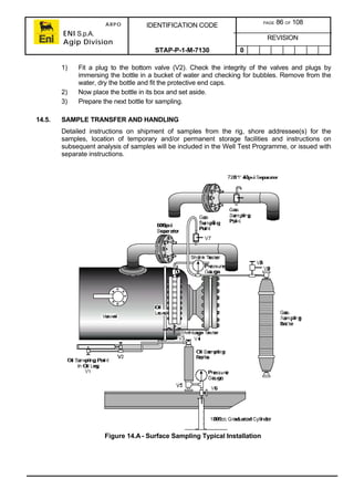 ARPO
ENI S.p.A.
Agip Division
IDENTIFICATION CODE PAGE 86 OF 108
REVISION
STAP-P-1-M-7130 0
1) Fit a plug to the bottom valve (V2). Check the integrity of the valves and plugs by
immersing the bottle in a bucket of water and checking for bubbles. Remove from the
water, dry the bottle and fit the protective end caps.
2) Now place the bottle in its box and set aside.
3) Prepare the next bottle for sampling.
14.5. SAMPLE TRANSFER AND HANDLING
Detailed instructions on shipment of samples from the rig, shore addressee(s) for the
samples, location of temporary and/or permanent storage facilities and instructions on
subsequent analysis of samples will be included in the Well Test Programme, or issued with
separate instructions.
Figure 14.A- Surface Sampling Typical Installation
 