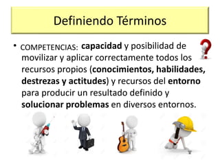 • capacidad y posibilidad de
movilizar y aplicar correctamente todos los
recursos propios (conocimientos, habilidades,
destrezas y actitudes) y recursos del entorno
para producir un resultado definido y
solucionar problemas en diversos entornos.
Definiendo Términos
COMPETENCIAS:
 