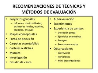 RECOMENDACIONES DE TÉCNICAS Y
MÉTODOS DE EVALUACIÓN
• Proyectos grupales:
– Informes, diario reflexivo,
exámenes (orales, escritos,
grupales, ensayos)
• Mapas conceptuales
• Foros de discusión
• Carpetas o portafolios
• Carteles o afiches
• Murales
• Investigación
• Estudio de casos
• Autoevaluación
• Experimentos
• Experiencia de campo:
– Discusión grupal
– Ejercicios evaluativos
– Ensayos
– Poemas concretos
• Observaciones
– Entrevistas
– Portafolios
– Mini presentaciones
 