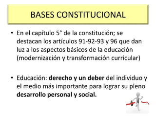 BASES CONSTITUCIONAL
• En el capítulo 5° de la constitución; se
destacan los artículos 91-92-93 y 96 que dan
luz a los aspectos básicos de la educación
(modernización y transformación curricular)
• Educación: derecho y un deber del individuo y
el medio más importante para lograr su pleno
desarrollo personal y social.
 