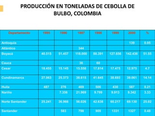 PRODUCCIÓN EN TONELADAS DE CEBOLLA DE BULBO, COLOMBIA