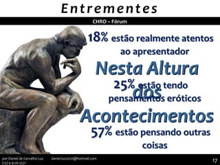Entrementes
Nesta Altura
dos
Acontecimentos
18% estão realmente atentos
ao apresentador
25% estão tendo
pensamentos eróticos
57% estão pensando outras
coisas
CHRO – Fórum
17por Daniel de Carvalho Luz daniel.luz2020@hotmail.com
(15) 9 9126 5571
 