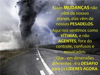 Essas MUDANÇAS não
vêm de nossos
planos, elas vêm de
nossos PESADELOS.
Aqui nos sentimos como
VÍTIMAS, e não
AGENTES, fora do
controle, confusos e
assustados.
Que - em dimensões
diferentes - é o DESAFIO
para os LÍDERES AGORA.
 