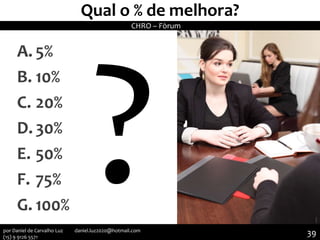 Qual o % de melhora?
A. 5%
B. 10%
C. 20%
D. 30%
E. 50%
F. 75%
G. 100%
CHRO – Fòrum
39por Daniel de Carvalho Luz daniel.luz2020@hotmail.com
(15) 9 9126 5571
 