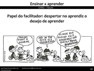 Ensinar x aprender
Papel do facilitador: despertar no aprendiz o
desejo de aprender
CHRO – Fórum
42por Daniel de Carvalho Luz daniel.luz2020@hotmail.com
(15) 9 9126 5571
 