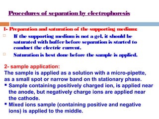 Procedures of separation by electrophoresis 
1- Preparation and saturation of the supporting medium: 
 If the supporting medium is not a gel, it should be 
saturated with buffer before separation is started to 
conduct the electric current. 
 Saturation is best done before the sample is applied. 
2- sample application: 
The sample is applied as a solution with a micro-pipette, 
as a small spot or narrow band on th stationary phase. 
 Sample containing positively charged ion, is applied near 
the anode, but negatively charge ions are applied near 
the cathode. 
 Mixed ions sample (containing positive and negative 
ions) is applied to the middle. 
 