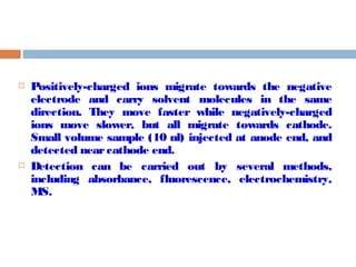  Positively-charged ions migrate towards the negative 
electrode and carry solvent molecules in the same 
direction. They move faster while negatively-charged 
ions move slower, but all migrate towards cathode. 
Small volume sample (10 nl) injected at anode end, and 
detected near cathode end. 
 Detection can be carried out by several methods, 
including absorbance, fluorescence, electrochemistry, 
MS. 
 