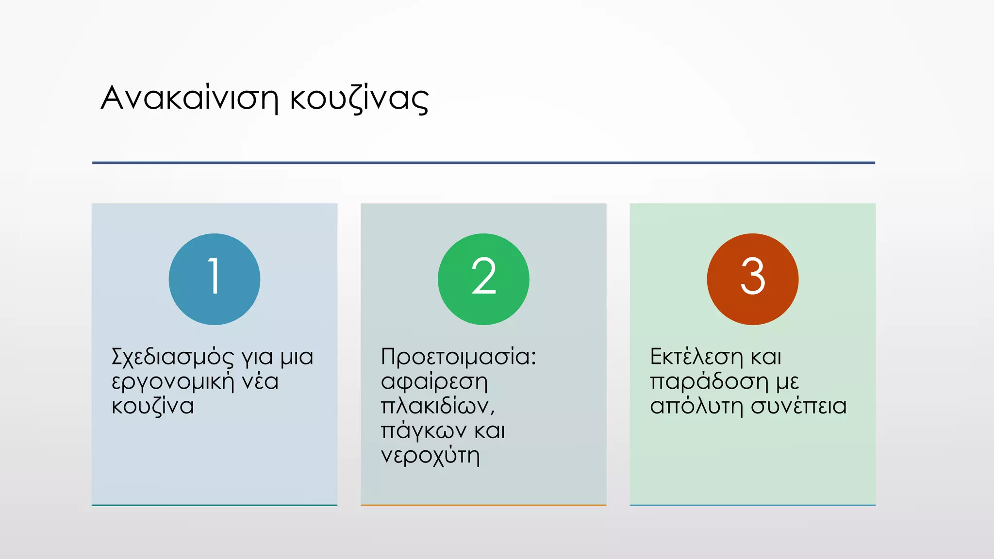 Ανακαίνιση κουζίνας
Σχεδιασμός για μια
εργονομική νέα
κουζίνα
1
Προετοιμασία:
αφαίρεση
πλακιδίων,
πάγκων και
νεροχύτη
2
Εκτέλεση και
παράδοση με
απόλυτη συνέπεια
3
 