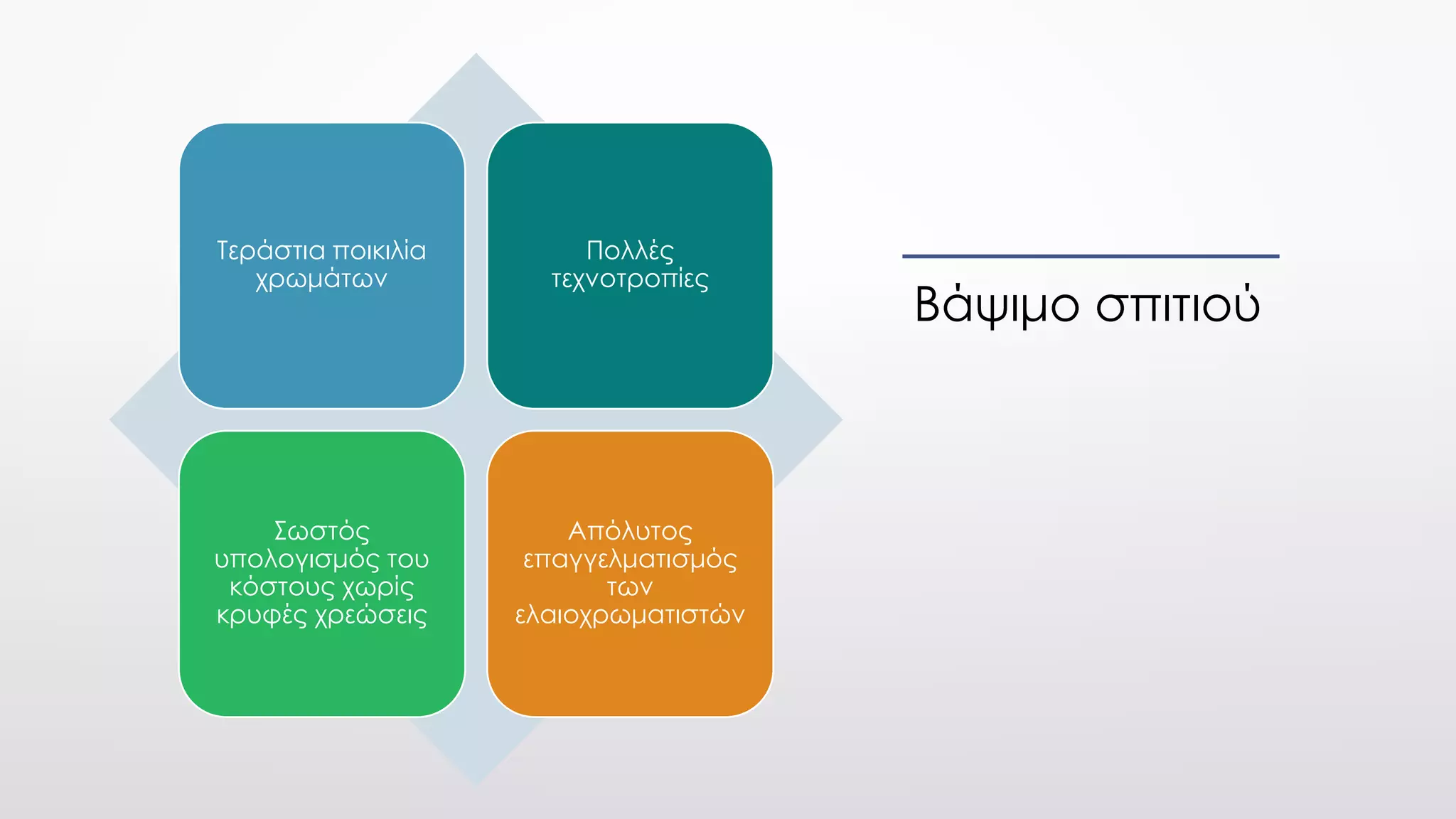 Βάψιμο σπιτιού
Τεράστια ποικιλία
χρωμάτων
Πολλές
τεχνοτροπίες
Σωστός
υπολογισμός του
κόστους χωρίς
κρυφές χρεώσεις
Απόλυτος
επαγγελματισμός
των
ελαιοχρωματιστών
 