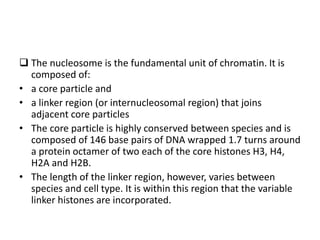  The nucleosome is the fundamental unit of chromatin. It is
composed of:
• a core particle and
• a linker region (or internucleosomal region) that joins
adjacent core particles
• The core particle is highly conserved between species and is
composed of 146 base pairs of DNA wrapped 1.7 turns around
a protein octamer of two each of the core histones H3, H4,
H2A and H2B.
• The length of the linker region, however, varies between
species and cell type. It is within this region that the variable
linker histones are incorporated.
 