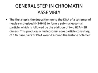 GENERAL STEP IN CHROMATIN
ASSEMBLY
• The first step is the deposition on to the DNA of a tetramer of
newly synthesized (H3-H4)2 to form a sub-nucleosomal
particle, which is followed by the addition of two H2A-H2B
dimers. This produces a nucleosomal core particle consisting
of 146 base pairs of DNA wound around the histone octamer.
 