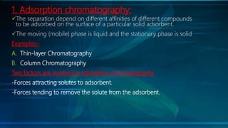 1. Adsorption chromatography:
The separation depend on different affinities of different compounds
to be adsorbed on the surface of a particular solid adsorbent.
The moving (mobile) phase is liquid and the stationary phase is solid
Examples:-
A. Thin-layer Chromatography
B. Column Chromatography
Two factors are involved in adsorption chromatography
-Forces attracting solutes to adsorbent.
-Forces tending to remove the solute from the adsorbent.
 