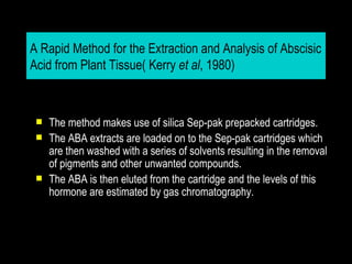 A Rapid Method for the Extraction and Analysis of Abscisic
Acid from Plant Tissue( Kerry et al, 1980)



    The method makes use of silica Sep-pak prepacked cartridges.
    The ABA extracts are loaded on to the Sep-pak cartridges which
     are then washed with a series of solvents resulting in the removal
     of pigments and other unwanted compounds.
    The ABA is then eluted from the cartridge and the levels of this
     hormone are estimated by gas chromatography.
 