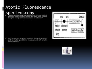 Atomic Fluorescence
spectroscopy “Atomic fluorescence spectroscopy (AFS) is the optical
emission from gas-phase atoms that have been excited
to higher energy levels by absorption of radiation.”
 “AFS is useful to study the electronic structure of atoms
and to make quantitative measurements of sample
concentrations.”
 