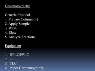 Chromatography
Generic Protocol
1. Prepare Column (±)
2. Apply Sample
3. Wash
4. Elute
5. Analyze Fractions
Equipment
1. HPLC/FPLC
2. GLC
3. TLC
4. Paper Chromatography
 
