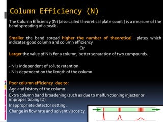 Column Efficiency (N)
The Column Efficiency (N) (also called theoretical plate count ) is a measure of the
band spreading of a peak .
Smaller the band spread higher the number of theoretical plates which
indicates good column and column efficiency
Or
Larger the value of N is for a column, better separation of two compounds.
- N is independent of solute retention
- N is dependent on the length of the column
Poor column efficiency due to:
 Age and history of the column.
 Extra column band broadening (such as due to malfunctioning injector or
improper tubing ID)
 Inappropriate detector setting .
 Change in flow rate and solvent viscosity.
 