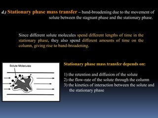 d.) Stationary phase mass transfer – band-broadening due to the movement of
solute between the stagnant phase and the stationary phase.
Since different solute molecules spend different lengths of time in the
stationary phase, they also spend different amounts of time on the
column, giving rise to band-broadening.
Stationary phase mass transfer depends on:
1) the retention and diffusion of the solute
2) the flow-rate of the solute through the column
3) the kinetics of interaction between the solute and
the stationary phase
 