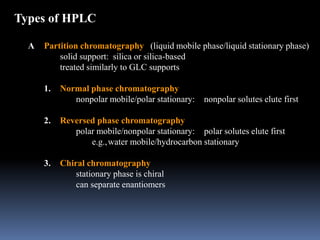 Types of HPLC
A Partition chromatography (liquid mobile phase/liquid stationary phase)
solid support: silica or silica-based
treated similarly to GLC supports
1. Normal phase chromatography
nonpolar mobile/polar stationary: nonpolar solutes elute first
2. Reversed phase chromatography
polar mobile/nonpolar stationary: polar solutes elute first
e.g.,water mobile/hydrocarbon stationary
3. Chiral chromatography
stationary phase is chiral
can separate enantiomers
 