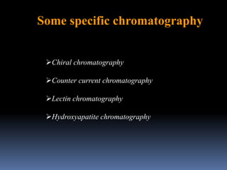 Chiral chromatography
Counter current chromatography
Lectin chromatography
Hydroxyapatite chromatography
Some specific chromatography
 