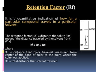 It is a quantitative indication of how far a
particular compound travels in a particular
solvent.
The retention factor( Rf) = distance the solute (D1)
moves / the distance traveled by the solvent front
(D2)
Rf = D1 / D2
where
D1 = distance that color traveled, measured from
center of the band of color to the point where the
color was applied.
D2 = total distance that solvent traveled.
Retention Factor (Rf)
 