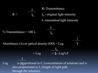 R- Transmittance
R = I0 - original light intensity
I- transmitted light intensity
% Transmittance = 100 x
Absorbance (A) or optical density (OD) = Log
= Log = 2 - Log%T
Log is proportional to C (concentration of solution) and is
also proportional to L (length of light path
through the solution).
I
I0
I
I0
I0
I
1
T
I
I0
 