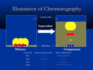 Illustration of Chromatography
                           Stationary Phase




                        Separation




                            Mobile Phase

 Mixture                                                        Components
      Components   Affinity to Stationary Phase   Affinity to Mobile Phase
           Blue            ----------------         Insoluble in Mobile Phase

           Black                                        

           Red                                         

        Yellow                                            
 