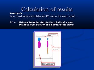 Analysis
        Calculation of results
You must now calculate an Rf value for each spot.

Rf =   Distance from the start to the middle of a spot
       Distance from start to finish point of the water
 