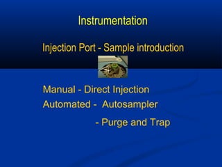 Instrumentation

Injection Port - Sample introduction


Manual - Direct Injection
Automated - Autosampler
             - Purge and Trap
 