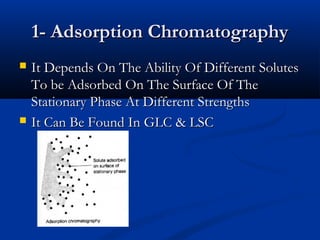 1- Adsorption Chromatography
   It Depends On The Ability Of Different Solutes
    To be Adsorbed On The Surface Of The
    Stationary Phase At Different Strengths
   It Can Be Found In GLC & LSC
 