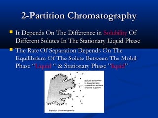 2-Partition Chromatography
   It Depends On The Difference in Solubility Of
    Different Solutes In The Stationary Liquid Phase
   The Rate Of Separation Depends On The
    Equilibrium Of The Solute Between The Mobil
    Phase “Liquid “ & Stationary Phase ”liquid”
 