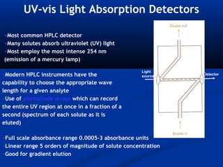 UV-vis Light Absorption Detectors

•Most common HPLC detector
•Many solutes absorb ultraviolet (UV) light
•Most employ the most intense 254 nm
(emission of a mercury lamp)

                                                    Light
•Modern HPLC instruments have the                   source    Detector

capability to choose the appropriate wave
length for a given analyte
•Use of photodiode arrays which can record
the entire UV region at once in a fraction of a
second (spectrum of each solute as it is
eluted)

•Full scale absorbance range 0.0005-3 absorbance units
•Linear range 5 orders of magnitude of solute concentration
•Good for gradient elution
 