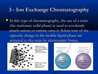 3 - Ion Exchange Chromatography
   In this type of chromatography, the use of a resin
    (the stationary solid phase) is used to covalently
    attach anions or cations onto it. Solute ions of the
    opposite charge in the mobile liquid phase are
    attracted to the resin by electrostatic forces.
 