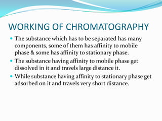WORKING OF CHROMATOGRAPHY
 The substance which has to be separated has many
components, some of them has affinity to mobile
phase & some has affinity to stationary phase.
 The substance having affinity to mobile phase get
dissolved in it and travels large distance it.
 While substance having affinity to stationary phase get
adsorbed on it and travels very short distance.
 