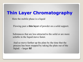 Thin Layer Chromatography
Here the mobile phase is a liquid
Flowing past a thin layer of powder on a solid support.
Substances that are less attracted to the solid or are more
soluble in the liquid move faster.
And so move further up the plate by the time that the
process has been stopped by taking the plate out of the
liqiud. - larger Rf