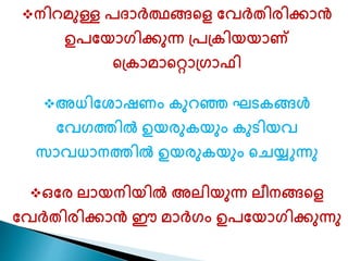 നിറമുള്ള പദാർത്തങ്ങകെ ണവർതിരിക്കാൻ 
ഉപണയാരിക്കുന്ന ്പ്രിയയാണ് 
ക്രാമാകറാ്രാഫി 
അധിണശാഷ ം രുറഞ്ഞ ഘടരങ്ങൾ 
ണവരŮിൽ ഉയരുരയും രുടിയവ 
സാവധാനŮിൽ ഉയരുരയും കചയ്യുന്നു 
ഒണര ൊയനിയിൽ അെിയുന്ന െീനങ്ങകെ 
ണവർതിരിക്കാൻ ഈ മാർരം ഉപണയാരിക്കുന്നു 
 
