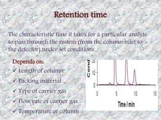 Retention time 
The characteristic time it takes for a particular analyte 
to pass through the system (from the column inlet to 
the detector) under set conditions. 
Depends on: 
 Length of column 
 Packing material 
 Type of carrier gas 
 Flow rate of carrier gas 
 Temperature of column 
 