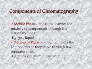 Components of Chromatography 
Mobile Phase – phase that carries the 
mixture of components through the 
stationary phase. 
E.g. gas, liquid 
Stationary Phase –phase that holds the 
components as they move through it & 
separates them. 
E.g. silica gel, aluminium oxide 
 