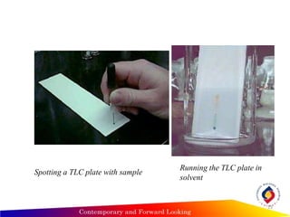 Spotting a TLC plate with sample
Running the TLC plate in
solvent
13
 