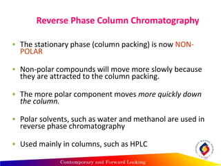 Reverse Phase Column Chromatography
• The stationary phase (column packing) is now NON-
POLAR
• Non-polar compounds will move more slowly because
they are attracted to the column packing.
• The more polar component moves more quickly down
the column.
• Polar solvents, such as water and methanol are used in
reverse phase chromatography
• Used mainly in columns, such as HPLC
32
 