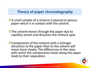 Theory of paper chromatography
A small sample of a mixture is placed on porous
paper which is in contact with the solvent.
The solvent moves through the paper due to
capillary action and dissolves the mixture spot.
Components of the mixture with a stronger
attraction to the paper than to the solvent will
move more slowly. The differences in the rates
with which the components travel along the paper
leads to their separation.
5
 