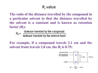 Rf value
The ratio of the distance travelled by the compound in
a particular solvent to that the distance travelled by
the solvent is a constant and is known as retention
factor (Rf).
For example, if a compound travels 2.1 cm and the
solvent front travels 2.8 cm, the Rf
is 0.75:
 