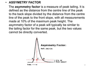 • ASSYMETRY FACTOR
The asymmetry factor is a measure of peak tailing. It is
defined as the distance from the centre line of the peak
to the back slope divided by the distance from the centre
line of the peak to the front slope, with all measurements
made at 10% of the maximum peak height. The
asymmetry factor of a peak will typically be similar to
the tailing factor for the same peak, but the two values
cannot be directly converted.
12
 