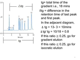 tg= total time of the
gradient i.e., 18 mins
tg = difference in the
retention time of last peak
and first peak.
In the adjacent diagram,
tg = 13- 3 = 10mins
tg/ tg = 10/18 = 0.8
If this ratio ≥ 0.25, go for
gradient elution
If this ratio ≤ 0.25, go for
isocratic elution
6
 