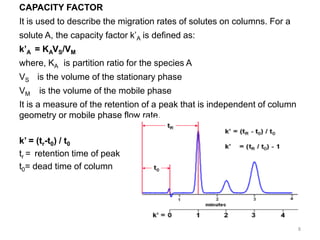 CAPACITY FACTOR
It is used to describe the migration rates of solutes on columns. For a
solute A, the capacity factor k’A is defined as:
k’A = KAVS/VM
where, KA is partition ratio for the species A
VS is the volume of the stationary phase
VM is the volume of the mobile phase
It is a measure of the retention of a peak that is independent of column
geometry or mobile phase flow rate.
k’ = (tr-t0) / t0
tr = retention time of peak
t0= dead time of column
8
 