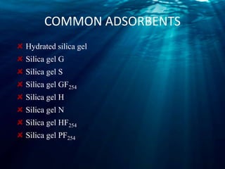 COMMON ADSORBENTS
Hydrated silica gel
Silica gel G
Silica gel S
Silica gel GF254
Silica gel H
Silica gel N
Silica gel HF254
Silica gel PF254
 