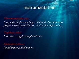 Instrumentation
Chromatography jar:
It is made of glass and has a lid on it. Jar maintains
proper environment that is required for separation.
Capillary tube:
It is used to apply sample mixture.
Stationary phase:
liquid impregnated paper
 