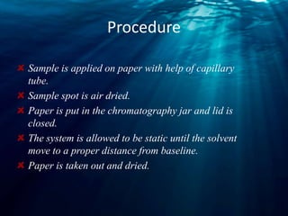 Procedure
Sample is applied on paper with help of capillary
tube.
Sample spot is air dried.
Paper is put in the chromatography jar and lid is
closed.
The system is allowed to be static until the solvent
move to a proper distance from baseline.
Paper is taken out and dried.
 