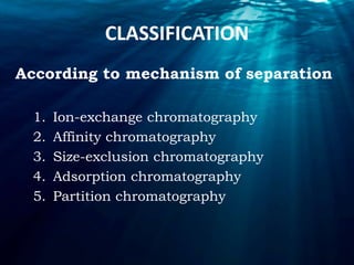 CLASSIFICATION
According to mechanism of separation
1. Ion-exchange chromatography
2. Affinity chromatography
3. Size-exclusion chromatography
4. Adsorption chromatography
5. Partition chromatography
 